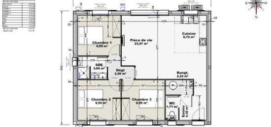 Plan de maison Surface terrain 70 m2 - 3 pièces - 3  chambres -  sans garage 