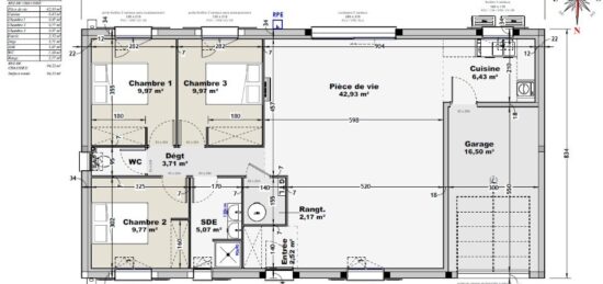 Plan de maison Surface terrain 90 m2 - 3 pièces - 3  chambres -  avec garage 