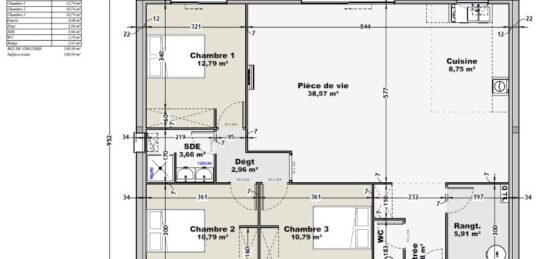 Plan de maison Surface terrain 100 m2 - 3 pièces - 3  chambres -  sans garage 
