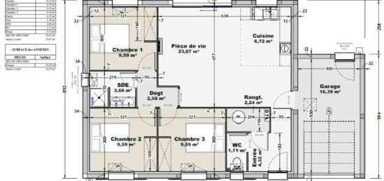 Plan de maison Surface terrain 70 m2 - 3 pièces - 3  chambres -  avec garage 