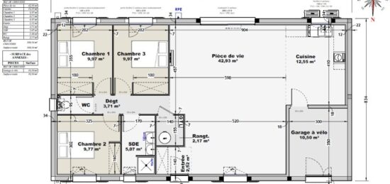 Plan de maison Surface terrain 100 m2 - 3 pièces - 3  chambres -  avec garage 