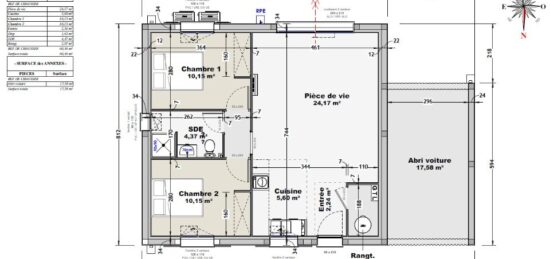 Plan de maison Surface terrain 60 m2 - 2 pièces - 2  chambres -  sans garage 