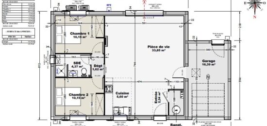 Plan de maison Surface terrain 70 m2 - 2 pièces - 2  chambres -  avec garage 